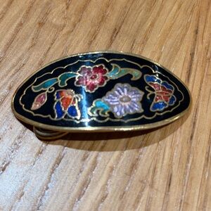 Cloisonne Buckle Vintage Black Gold Plated Flowers and butterfly